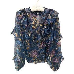 TED BAKER | Jovena Navy Floral Ruffle Sheer Romantic Blouse Top | Size 0 XS